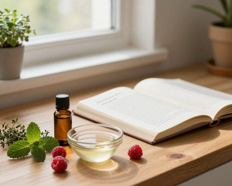 A serene kitchen setting focused on natural remedies for raspberry (malinki) removal. In the foreground, a wooden countertop displays various ingredients: a small bowl of apple cider vinegar, a bottle of essential oil, and fresh herbs like thyme and mint. The middle ground features an open recipe book with handwritten notes, illustrating home remedies. In the background, soft light filters through a window, casting a warm glow, while potted plants add a touch of greenery. The atmosphere is calm and inviting, emphasizing a holistic approach to health and wellness. Use a shallow depth of field to create a gentle blur on the background, highlighting the ingredients and recipe in the foreground.
