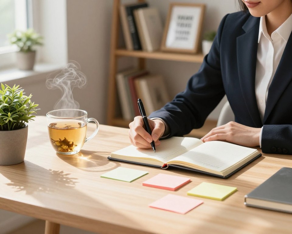 A serene workspace scene illustrating practical daily tips for self-improvement, featuring a tidy desk with a notebook, a steaming cup of herbal tea, and a potted plant. In the foreground, a light wooden desk with an open planner and colorful sticky notes scattered for creativity. In the middle, a cozy chair with a person in professional business attire, thoughtfully jotting down notes. The background shows soft shelves filled with books and inspirational quotes in elegant frames. Warm, natural lighting streams in from a nearby window, creating a calm and motivational atmosphere. The overall mood is uplifting and organized, designed to inspire productivity and clarity. A serene workspace scene illustrating practical daily tips for self-improvement, featuring a tidy desk with a notebook, a steaming cup of herbal tea, and a potted plant. In the foreground, a light wooden desk with an open planner and colorful sticky notes scattered for creativity. In the middle, a cozy chair with a person in professional business attire, thoughtfully jotting down notes. The background shows soft shelves filled with books and inspirational quotes in elegant frames. Warm, natural lighting streams in from a nearby window, creating a calm and motivational atmosphere. The overall mood is uplifting and organized, designed to inspire productivity and clarity.