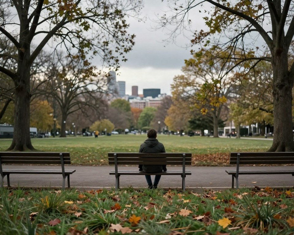 A solitary figure sits on a park bench, dressed in modest casual clothing, surrounded by empty benches symbolizing isolation. The foreground features overgrown grass and autumn leaves scattered around, creating a sense of neglect. In the middle ground, trees with sparse foliage cast long shadows, enhancing the feeling of loneliness. The background reveals a distant city skyline under a cloudy, gray sky, suggesting a world that feels both close yet unreachable. Soft, diffused lighting evokes a somber mood, while a shallow depth of field focuses on the figure, blurring the backdrop slightly. The atmosphere conveys a sense of disconnection and reflection on the impact of social isolation and phobias on social life.