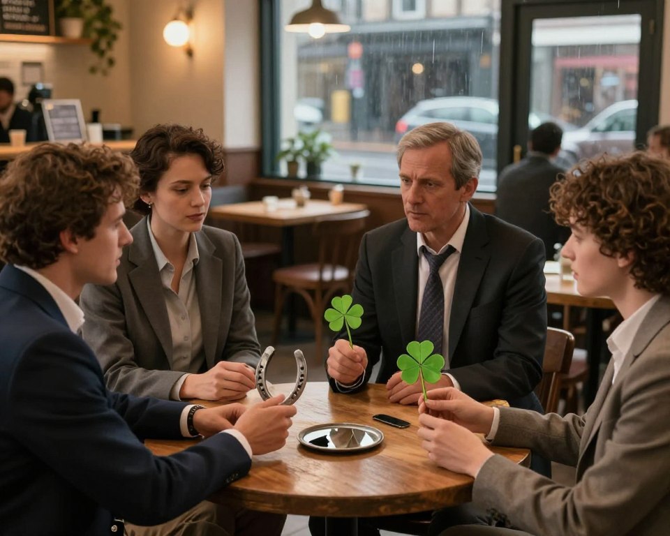 A split-scene illustration depicting the significance of superstitions in shaping social relationships. In the foreground, a diverse group of people in professional attire, engaging in a thoughtful conversation while exchanging symbolic objects representing various superstitions, such as a horseshoe, a four-leaf clover, and a broken mirror. In the middle ground, a warm, inviting coffee shop setting with rustic wooden furniture and soft ambient lighting. The background features a large window showcasing a rainy street, adding a reflective mood to the scene. The atmosphere is contemplative yet friendly, emphasizing the connections between beliefs and interpersonal dynamics. Soft-focus effects enhance the warmth and intimacy of the moment. A split-scene illustration depicting the significance of superstitions in shaping social relationships. In the foreground, a diverse group of people in professional attire, engaging in a thoughtful conversation while exchanging symbolic objects representing various superstitions, such as a horseshoe, a four-leaf clover, and a broken mirror. In the middle ground, a warm, inviting coffee shop setting with rustic wooden furniture and soft ambient lighting. The background features a large window showcasing a rainy street, adding a reflective mood to the scene. The atmosphere is contemplative yet friendly, emphasizing the connections between beliefs and interpersonal dynamics. Soft-focus effects enhance the warmth and intimacy of the moment.