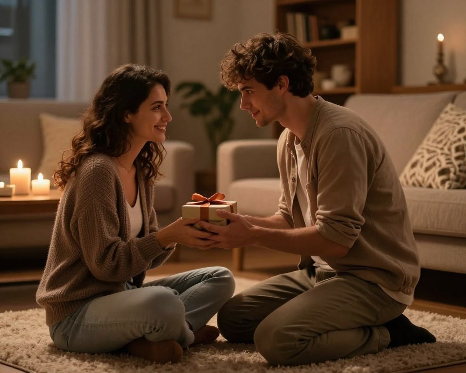 A thoughtful young man in a cozy, inviting living room, kneeling on a soft rug while presenting a small, beautifully wrapped gift to a smiling woman seated nearby. His expression conveys sincerity and affection, reflecting deep emotional connection. The warm, ambient lighting creates a romantic atmosphere, with soft shadows highlighting their features. In the background, there are subtle hints of candles flickering on a table and a softly blurred bookshelf filled with cherished items. The scene captures a moment of tenderness, emphasizing the importance of sentimental gestures&mdash;like hugging and gift-giving&mdash;in romantic relationships. The overall mood is warm, intimate, and heartwarming, showcasing genuine love and care.