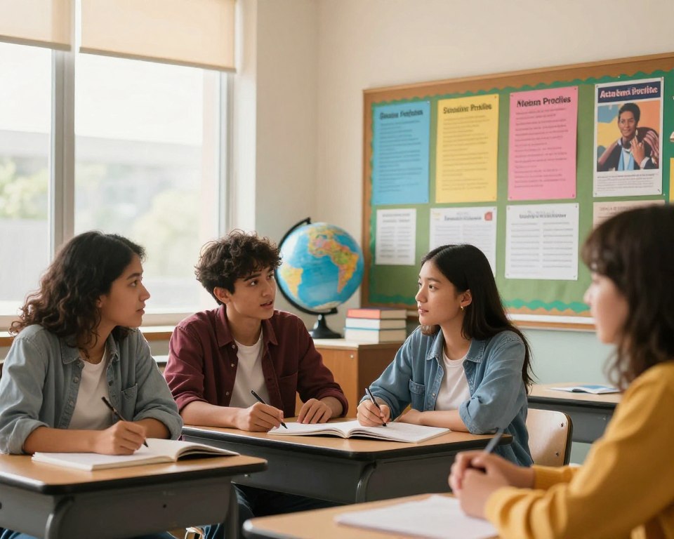 A vibrant, engaging classroom setting showcasing diverse high school students in modest casual clothing contemplating various academic profiles. In the foreground, two students are discussing future subjects, their expressions animated with curiosity. The middle of the scene features a bulletin board filled with colorful posters representing different academic profiles, such as science, humanities, and arts. In the background, large windows let in soft, warm natural light, creating a welcoming atmosphere. A globe and a stack of books are positioned on a desk, symbolizing knowledge and exploration. The composition is balanced and inviting, evoking a sense of opportunity and guidance for students choosing their paths in education. The overall mood is positive and inspirational, reflecting the excitement of academic choices. A vibrant, engaging classroom setting showcasing diverse high school students in modest casual clothing contemplating various academic profiles. In the foreground, two students are discussing future subjects, their expressions animated with curiosity. The middle of the scene features a bulletin board filled with colorful posters representing different academic profiles, such as science, humanities, and arts. In the background, large windows let in soft, warm natural light, creating a welcoming atmosphere. A globe and a stack of books are positioned on a desk, symbolizing knowledge and exploration. The composition is balanced and inviting, evoking a sense of opportunity and guidance for students choosing their paths in education. The overall mood is positive and inspirational, reflecting the excitement of academic choices.