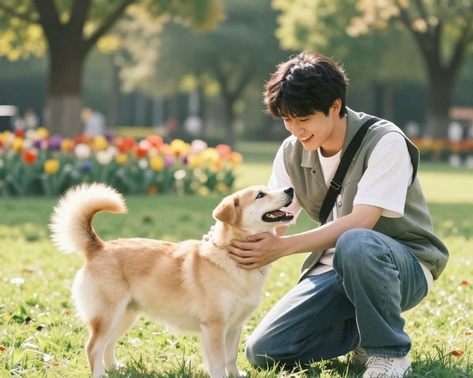 A vibrant scene depicting a close interaction between a young adult and a cheerful dog, capturing the essence of affection in their relationship. In the foreground, the young adult, dressed in casual attire, kneels down with a joyful expression, gently petting the dog, whose tail is wagging enthusiastically. The middle ground features a grassy park with colorful flowers, emphasizing a serene atmosphere. In the background, softly blurred trees create depth and tranquility. The sunlight filters through the leaves, casting gentle shadows, and enhancing the warm, friendly mood. The angle is slightly tilted from the side to create a dynamic perspective, highlighting the bond and understanding between humans and animals in a loving context. A vibrant scene depicting a close interaction between a young adult and a cheerful dog, capturing the essence of affection in their relationship. In the foreground, the young adult, dressed in casual attire, kneels down with a joyful expression, gently petting the dog, whose tail is wagging enthusiastically. The middle ground features a grassy park with colorful flowers, emphasizing a serene atmosphere. In the background, softly blurred trees create depth and tranquility. The sunlight filters through the leaves, casting gentle shadows, and enhancing the warm, friendly mood. The angle is slightly tilted from the side to create a dynamic perspective, highlighting the bond and understanding between humans and animals in a loving context.
