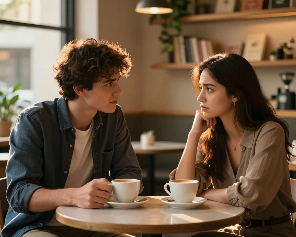 A visually engaging scene depicting two friends in a cozy café, sitting across from each other at a small table, each holding a coffee cup. The foreground captures their warm expressions, conveying a sense of friendship and underlying tension as they share a meaningful conversation. The young man, dressed in a smart casual outfit, leans slightly forward, showing interest, while the young woman, in a stylish but modest attire, listens intently, her brow slightly furrowed in thought. Behind them, a softly lit café ambiance with blurred shelves of books and plants, creating a warm and inviting atmosphere. Golden hour lighting filters through the window, casting a soft glow on their faces, emphasizing the emotional undertones of the moment. The scene exudes a sense of connection, curiosity, and uncertainty about the nature of their relationship. A visually engaging scene depicting two friends in a cozy café, sitting across from each other at a small table, each holding a coffee cup. The foreground captures their warm expressions, conveying a sense of friendship and underlying tension as they share a meaningful conversation. The young man, dressed in a smart casual outfit, leans slightly forward, showing interest, while the young woman, in a stylish but modest attire, listens intently, her brow slightly furrowed in thought. Behind them, a softly lit café ambiance with blurred shelves of books and plants, creating a warm and inviting atmosphere. Golden hour lighting filters through the window, casting a soft glow on their faces, emphasizing the emotional undertones of the moment. The scene exudes a sense of connection, curiosity, and uncertainty about the nature of their relationship.