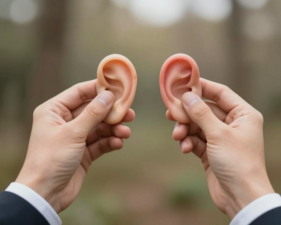 A visually striking comparison of the superstitions associated with right and left ears, set against a soft, blurred background of natural elements. In the foreground, two hands gently cradling an ear each, one emphasizing the right ear and the other the left. The person's hands should be in a professional business attire, perhaps wearing a crisp shirt. The left ear should be adorned with a subtle, illustrative symbol of good fortune, while the right ear features a visual representation of a warning or misfortune. Warm, diffused lighting creates a calm atmosphere, and the camera angle is slightly above eye level, focusing sharply on the hands and ears to enhance the contrast while keeping the background muted and peaceful. The overall mood conveys curiosity and intrigue about these fascinating beliefs. A visually striking comparison of the superstitions associated with right and left ears, set against a soft, blurred background of natural elements. In the foreground, two hands gently cradling an ear each, one emphasizing the right ear and the other the left. The person's hands should be in a professional business attire, perhaps wearing a crisp shirt. The left ear should be adorned with a subtle, illustrative symbol of good fortune, while the right ear features a visual representation of a warning or misfortune. Warm, diffused lighting creates a calm atmosphere, and the camera angle is slightly above eye level, focusing sharply on the hands and ears to enhance the contrast while keeping the background muted and peaceful. The overall mood conveys curiosity and intrigue about these fascinating beliefs.