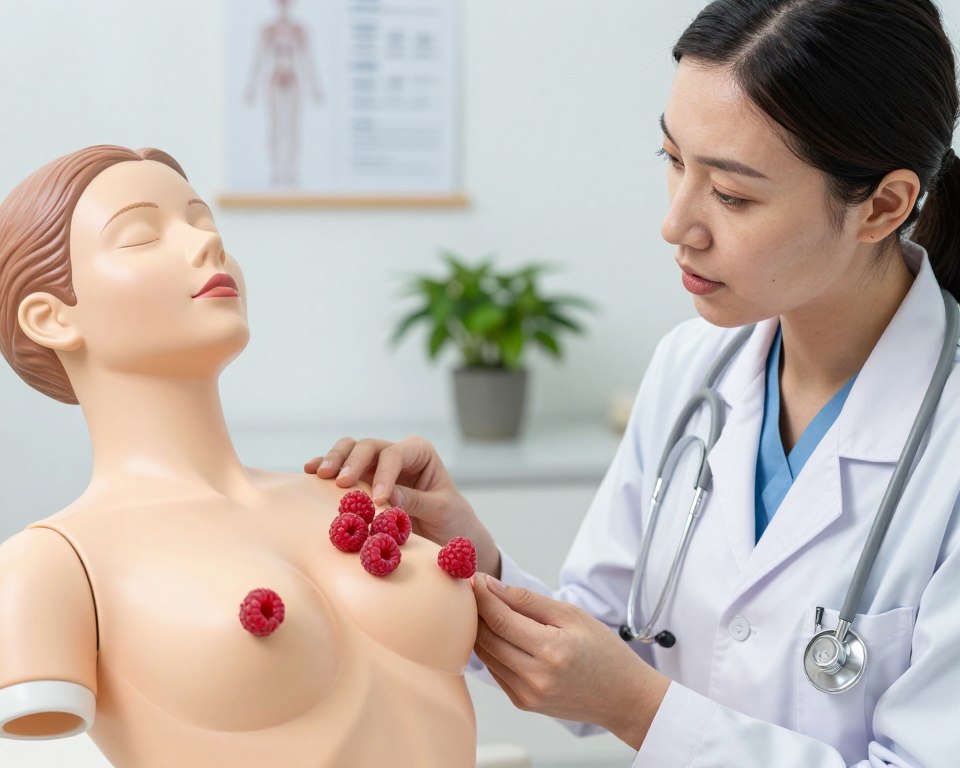 A visually striking, informative image focused on health and safety, featuring a healthcare professional in a smart, professional outfit examining a breast model with a cluster of realistic, plump raspberries placed carefully on it. The scene is set in a well-lit clinic, with soft, diffused lighting enhancing the natural colors of the raspberries and the anatomical model. In the background, there are blurred medical charts and a few potted plants, adding a calm atmosphere to the space. The angle should be slightly above eye level, capturing the focused expression of the healthcare professional as they engage in a discussion about health risks. The overall mood is serious yet educational, aimed at conveying safety and awareness regarding health matters. A visually striking, informative image focused on health and safety, featuring a healthcare professional in a smart, professional outfit examining a breast model with a cluster of realistic, plump raspberries placed carefully on it. The scene is set in a well-lit clinic, with soft, diffused lighting enhancing the natural colors of the raspberries and the anatomical model. In the background, there are blurred medical charts and a few potted plants, adding a calm atmosphere to the space. The angle should be slightly above eye level, capturing the focused expression of the healthcare professional as they engage in a discussion about health risks. The overall mood is serious yet educational, aimed at conveying safety and awareness regarding health matters.