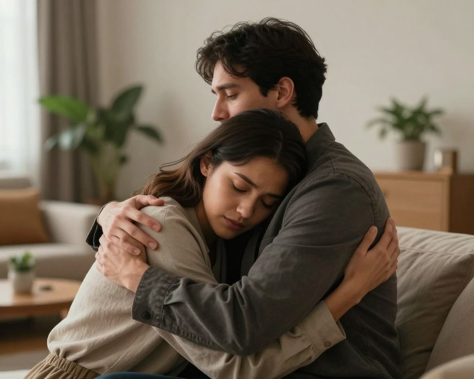 A warm and comforting embrace between two people in a serene indoor setting, conveying emotional support in a stressful moment. In the foreground, a woman in a modest, casual outfit rests her head on the shoulder of a man dressed in professional business attire, both looking relaxed and connected. The middle layer features subtle details such as soft, ambient lighting that enhances the mood of intimacy and safety. In the background, a cozy room with gentle colors, potted plants, and soft furnishings creates an inviting atmosphere. The image captures a sense of reassurance, highlighting the importance of physical touch during emotional times. The composition should have a shallow depth of field to focus on the embracing figures, with a warm color palette to evoke a sense of calm and comfort. A warm and comforting embrace between two people in a serene indoor setting, conveying emotional support in a stressful moment. In the foreground, a woman in a modest, casual outfit rests her head on the shoulder of a man dressed in professional business attire, both looking relaxed and connected. The middle layer features subtle details such as soft, ambient lighting that enhances the mood of intimacy and safety. In the background, a cozy room with gentle colors, potted plants, and soft furnishings creates an inviting atmosphere. The image captures a sense of reassurance, highlighting the importance of physical touch during emotional times. The composition should have a shallow depth of field to focus on the embracing figures, with a warm color palette to evoke a sense of calm and comfort.