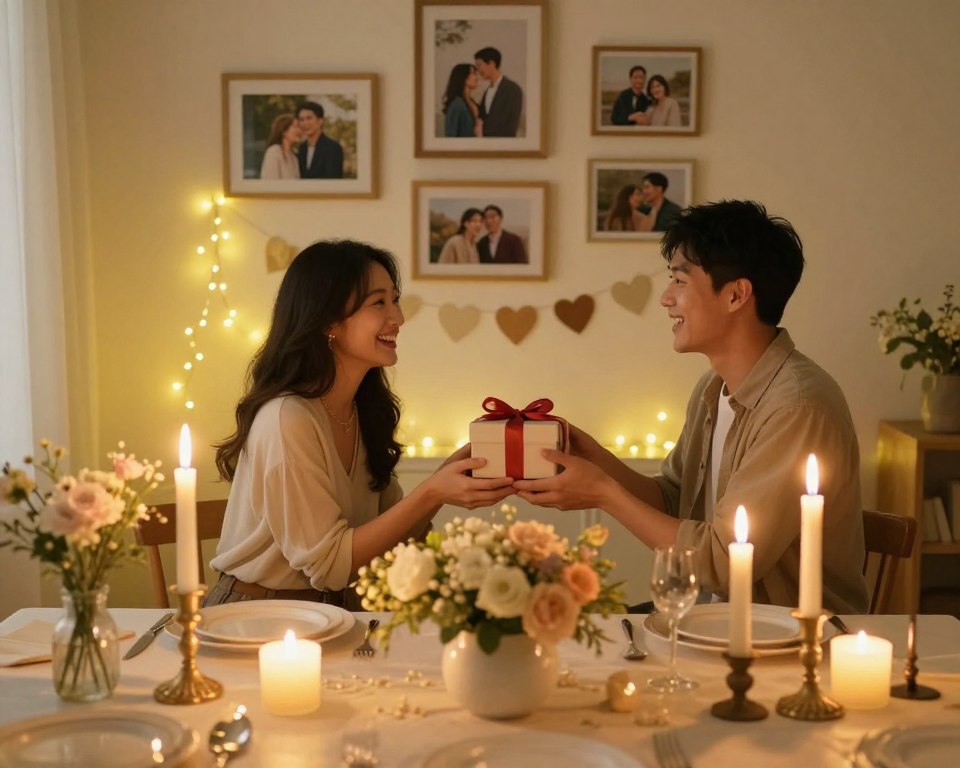 A warm and inviting scene of a cozy indoor celebration for a monthly relationship anniversary. In the foreground, a beautifully set table adorned with elegant candle holders and delicate flowers. Soft, ambient lighting creates a romantic atmosphere, with golden fairy lights twinkling in the background. In the middle ground, a couple sits together, dressed in modest casual attire, joyfully exchanging gifts and laughter, surrounded by heart-shaped decorations. The background features a softly lit wall decorated with framed photos of their memorable moments together. The overall mood is intimate and cheerful, capturing the essence of creativity in celebrating special occasions together. The scene is framed with a slight depth of field to emphasize the warmth and connection between the couple. A warm and inviting scene of a cozy indoor celebration for a monthly relationship anniversary. In the foreground, a beautifully set table adorned with elegant candle holders and delicate flowers. Soft, ambient lighting creates a romantic atmosphere, with golden fairy lights twinkling in the background. In the middle ground, a couple sits together, dressed in modest casual attire, joyfully exchanging gifts and laughter, surrounded by heart-shaped decorations. The background features a softly lit wall decorated with framed photos of their memorable moments together. The overall mood is intimate and cheerful, capturing the essence of creativity in celebrating special occasions together. The scene is framed with a slight depth of field to emphasize the warmth and connection between the couple.