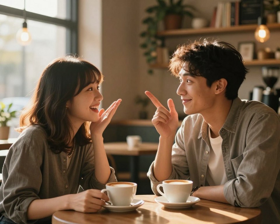 A warm, inviting café setting where two friends playfully flirt and tease each other over coffee. In the foreground, a young woman with shoulder-length hair and a friendly smile leans slightly forward, her hand resting on the table, exuding enthusiasm. Opposite her, a young man in smart casual attire mirrors her gestures, raising an eyebrow playfully with a slight grin. In the middle ground, soft reflections of ambient café lights create a cozy atmosphere. The background features blurred shelves of books and plants, enhancing the intimate vibe. Golden hour sunlight filters through the window, casting a warm glow on the scene, suggesting a moment of connection and playful interaction. The mood is lighthearted and warm, perfect for depicting the subtle signs of growing feelings beyond friendship. A warm, inviting café setting where two friends playfully flirt and tease each other over coffee. In the foreground, a young woman with shoulder-length hair and a friendly smile leans slightly forward, her hand resting on the table, exuding enthusiasm. Opposite her, a young man in smart casual attire mirrors her gestures, raising an eyebrow playfully with a slight grin. In the middle ground, soft reflections of ambient café lights create a cozy atmosphere. The background features blurred shelves of books and plants, enhancing the intimate vibe. Golden hour sunlight filters through the window, casting a warm glow on the scene, suggesting a moment of connection and playful interaction. The mood is lighthearted and warm, perfect for depicting the subtle signs of growing feelings beyond friendship.
