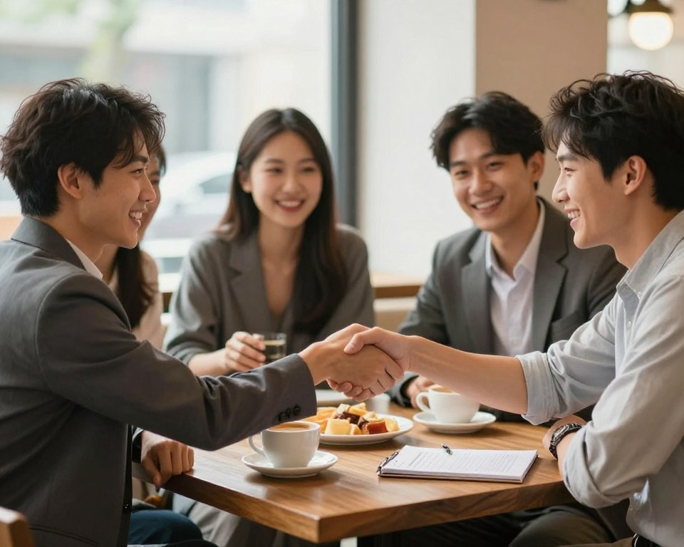 A well-dressed group of friends gathered around a cozy table in a bright, inviting café, engaged in a friendly betting discussion. In the foreground, two friends, one male and one female, are enthusiastically shaking hands over a bet, showcasing a spirit of camaraderie. The middle ground features a coffee cup and snacks on the table, symbolizing a casual yet serious atmosphere, while a notepad and pen rest nearby, hinting at the formality of their agreement. In the background, soft natural light filters through large windows, illuminating the scene and creating a warm, friendly mood. The overall ambiance is upbeat and encouraging, with a focus on respect and etiquette in friendly wagering. A well-dressed group of friends gathered around a cozy table in a bright, inviting café, engaged in a friendly betting discussion. In the foreground, two friends, one male and one female, are enthusiastically shaking hands over a bet, showcasing a spirit of camaraderie. The middle ground features a coffee cup and snacks on the table, symbolizing a casual yet serious atmosphere, while a notepad and pen rest nearby, hinting at the formality of their agreement. In the background, soft natural light filters through large windows, illuminating the scene and creating a warm, friendly mood. The overall ambiance is upbeat and encouraging, with a focus on respect and etiquette in friendly wagering.