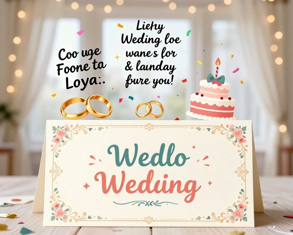 A whimsical and colorful illustration depicting humorous wedding quotes artistically arranged in an elegant wedding card design. In the foreground, a beautifully crafted card with ornate floral patterns, showcasing hilarious wedding quotes in playful fonts. The middle layer features decorative elements like wedding rings, a small cake, and playful confetti, enhancing the festive atmosphere. In the background, a softly lit room adorned with sheer curtains and romantic fairy lights, creating a warm and inviting ambiance. The lighting should be soft and diffused, evoking a sense of joy and celebration. The overall mood is light-hearted and cheerful, embodying the playful spirit of wedding wishes filled with humor.