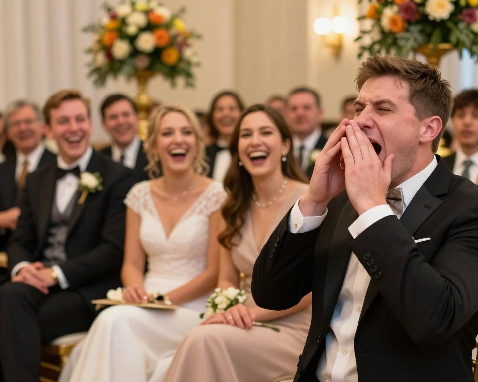A whimsical scene depicting a lighthearted moment during a significant life event, such as a wedding or graduation ceremony. In the foreground, a cheerful individual in professional attire is caught mid-sneeze, with a surprised and comical expression on their face. In the middle ground, a small group of elegantly dressed guests reacts with laughter and smiles, their faces filled with joy. The background features a beautifully decorated venue, with soft, warm lighting and vibrant floral arrangements, creating an atmosphere of celebration. The depth of field should emphasize the sneezer while keeping the guests slightly blurred, evoking a sense of fun and spontaneity.
