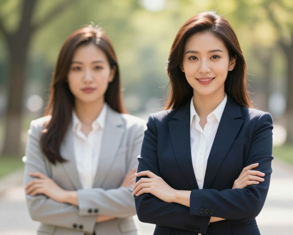 A woman stands confidently in the foreground, showcasing a remarkable transformation after a breakup. She is dressed in stylish yet professional attire, radiating empowerment and self-growth. Her hair has been elegantly styled, and her makeup is uplifting and fresh, signifying her newfound confidence. In the middle ground, there are subtle reflections of her past, such as a faint image of a more subdued version of herself looking on, symbolizing her journey. The background is blurred, depicting a serene park setting with soft sunlight filtering through the leaves, enhancing the feeling of renewal and hope. The overall mood is uplifting and inspiring, capturing the essence of personal development after emotional change. The image is brightly lit to convey positivity, using a shallow depth of field for focus on the woman.