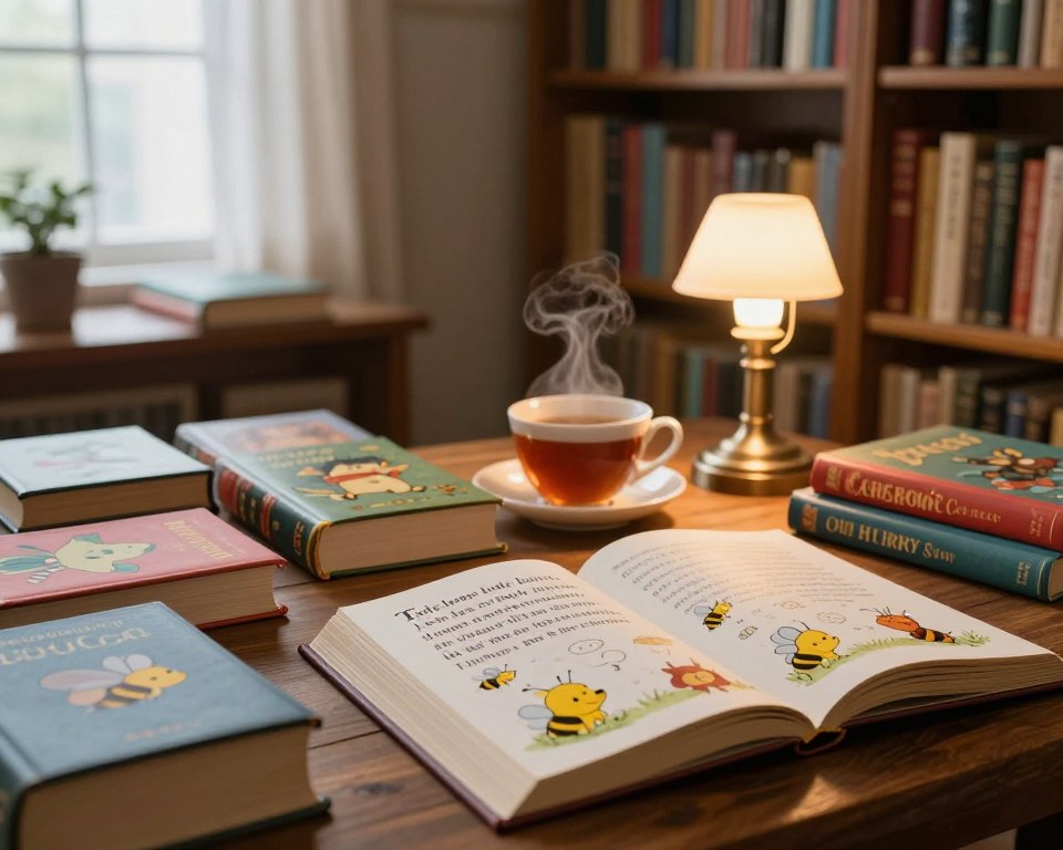 In a cozy library setting, a wooden table is filled with an assortment of colorful books, including classic tales like Winnie the Pooh. In the foreground, an open book displays an inspiring quote about friendship, surrounded by whimsical illustrations of honeybees and playful characters. The middle ground features a warm cup of tea steaming gently, alongside a quaint reading lamp casting a soft, inviting glow. In the background, tall shelves filled with more books stretch towards a softly illuminated window, allowing natural light to filter through sheer curtains, creating a tranquil atmosphere. The mood is reflective and serene, evoking a sense of wisdom and everyday inspiration from beloved stories. The scene captures the essence of literary companionship.