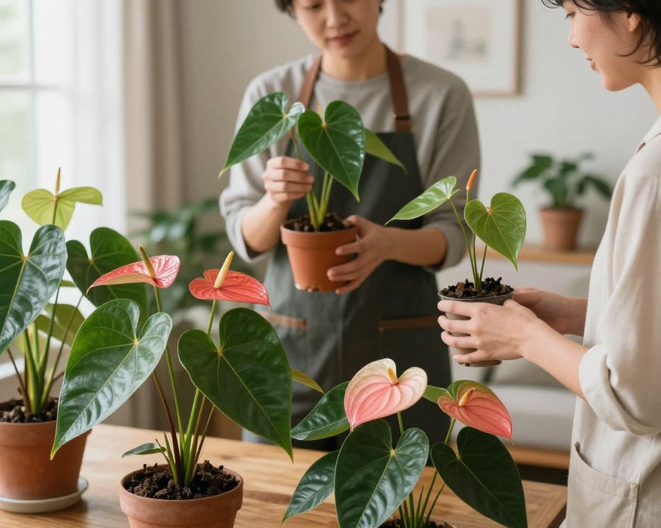 A cozy indoor setting showcasing anthurium plants in a well-lit environment. In the foreground, a variety of vibrant anthuriums with glossy leaves and rich red, pink, and white flowers are displayed on a wooden table. In the middle ground, a person in professional attire carefully examines an anthurium, holding a small pot and discussing its care with another individual. The background features a warmly decorated living room with soft, natural lighting filtering through a window, creating a tranquil ambiance. The color palette should be inviting and incorporate greens from the foliage, contrasting with the colors of the flowers, to evoke a sense of harmony and nature. Emphasize clarity and detail in the plants and the people’s expressions. A cozy indoor setting showcasing anthurium plants in a well-lit environment. In the foreground, a variety of vibrant anthuriums with glossy leaves and rich red, pink, and white flowers are displayed on a wooden table. In the middle ground, a person in professional attire carefully examines an anthurium, holding a small pot and discussing its care with another individual. The background features a warmly decorated living room with soft, natural lighting filtering through a window, creating a tranquil ambiance. The color palette should be inviting and incorporate greens from the foliage, contrasting with the colors of the flowers, to evoke a sense of harmony and nature. Emphasize clarity and detail in the plants and the people’s expressions.