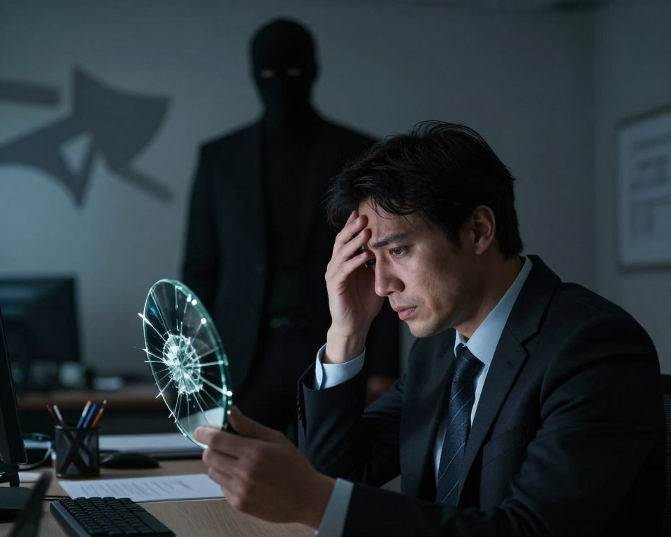 A dimly lit office space, where the foreground features a professional man in business attire, looking distressed while holding a broken mirror in his hands, symbolizing self-reflection and manipulation. In the middle ground, a shadowy figure looms with an ambiguous expression, representing a narcissistic manipulator, partially obscured to maintain mystery. The background is filled with abstract shapes and shadows that suggest chaos and confusion, hinting at the emotional turmoil caused by narcissistic behavior. The lighting is low, creating a somber, eerie atmosphere, with soft backlighting that casts dramatic shadows, enhancing the sense of unease. The angle is slightly tilted, emphasizing the disorientation felt by the individual. A dimly lit office space, where the foreground features a professional man in business attire, looking distressed while holding a broken mirror in his hands, symbolizing self-reflection and manipulation. In the middle ground, a shadowy figure looms with an ambiguous expression, representing a narcissistic manipulator, partially obscured to maintain mystery. The background is filled with abstract shapes and shadows that suggest chaos and confusion, hinting at the emotional turmoil caused by narcissistic behavior. The lighting is low, creating a somber, eerie atmosphere, with soft backlighting that casts dramatic shadows, enhancing the sense of unease. The angle is slightly tilted, emphasizing the disorientation felt by the individual.