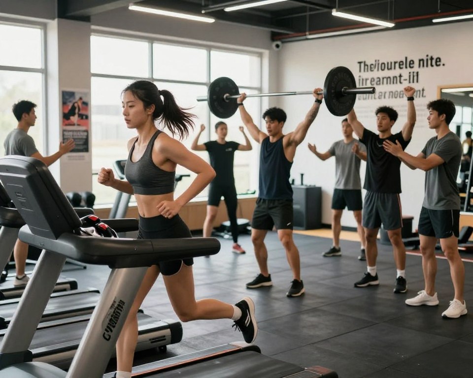 A dynamic training scene in a bright gym, showcasing a diverse group of athletes engaged in various workouts, embodying motivation and teamwork. In the foreground, a determined female runner sprints on a treadmill, her focus intense as she embodies the spirit of perseverance. In the middle ground, a male weightlifter performs a clean and jerk, muscles defined, surrounded by fellow athletes offering encouragement. The background features motivational posters with inspiring quotes subtly displayed on the gym walls, enhancing the atmosphere of determination. Soft, natural lighting streams through large windows, accentuating the energy and positivity in the space. The overall mood is uplifting and empowering, capturing the essence of daily training and the motivational power of quotes in sports. A dynamic training scene in a bright gym, showcasing a diverse group of athletes engaged in various workouts, embodying motivation and teamwork. In the foreground, a determined female runner sprints on a treadmill, her focus intense as she embodies the spirit of perseverance. In the middle ground, a male weightlifter performs a clean and jerk, muscles defined, surrounded by fellow athletes offering encouragement. The background features motivational posters with inspiring quotes subtly displayed on the gym walls, enhancing the atmosphere of determination. Soft, natural lighting streams through large windows, accentuating the energy and positivity in the space. The overall mood is uplifting and empowering, capturing the essence of daily training and the motivational power of quotes in sports.