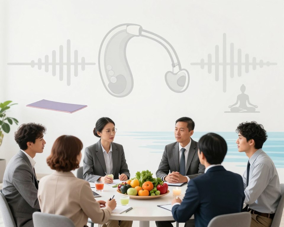 A serene and informative illustration highlighting the impact of lifestyle on hearing. In the foreground, depict a diverse group of professionals engaged in a healthy discussion, dressed in smart business attire, focusing on a balanced diet, exercise, and stress management. In the middle ground, show elements that symbolize good nutrition, such as colorful fruits and vegetables, alongside yoga mats and tranquility symbols like a calm body of water or softly lit candles. The background features a faint outline of a hearing aid and soundwaves to connect the themes of lifestyle and auditory health. Use soft, natural lighting to create a calm atmosphere, capturing a sense of balance and well-being. The composition should be harmonious, visually conveying the connection between lifestyle choices and hearing health without any text or overlays. A serene and informative illustration highlighting the impact of lifestyle on hearing. In the foreground, depict a diverse group of professionals engaged in a healthy discussion, dressed in smart business attire, focusing on a balanced diet, exercise, and stress management. In the middle ground, show elements that symbolize good nutrition, such as colorful fruits and vegetables, alongside yoga mats and tranquility symbols like a calm body of water or softly lit candles. The background features a faint outline of a hearing aid and soundwaves to connect the themes of lifestyle and auditory health. Use soft, natural lighting to create a calm atmosphere, capturing a sense of balance and well-being. The composition should be harmonious, visually conveying the connection between lifestyle choices and hearing health without any text or overlays.