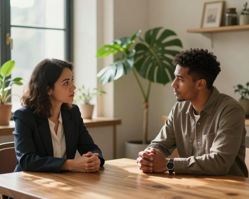 A serene indoor setting depicting a diverse couple engaged in a thoughtful, open discussion. In the foreground, the couple sits at a stylish wooden table, surrounded by warm, inviting decor. The woman, wearing a professional business outfit, is sharing her perspective with empathy, while the man, also in smart casual attire, listens attentively, reflecting understanding and determination to avoid past negative patterns. In the middle, a soft light filters through a window, casting gentle shadows that enhance the intimate atmosphere. In the background, lush indoor plants symbolize growth and renewal, reinforcing the theme of positive change. The overall mood is constructive and hopeful, emphasizing effective communication and emotional clarity in a relationship. A serene indoor setting depicting a diverse couple engaged in a thoughtful, open discussion. In the foreground, the couple sits at a stylish wooden table, surrounded by warm, inviting decor. The woman, wearing a professional business outfit, is sharing her perspective with empathy, while the man, also in smart casual attire, listens attentively, reflecting understanding and determination to avoid past negative patterns. In the middle, a soft light filters through a window, casting gentle shadows that enhance the intimate atmosphere. In the background, lush indoor plants symbolize growth and renewal, reinforcing the theme of positive change. The overall mood is constructive and hopeful, emphasizing effective communication and emotional clarity in a relationship.