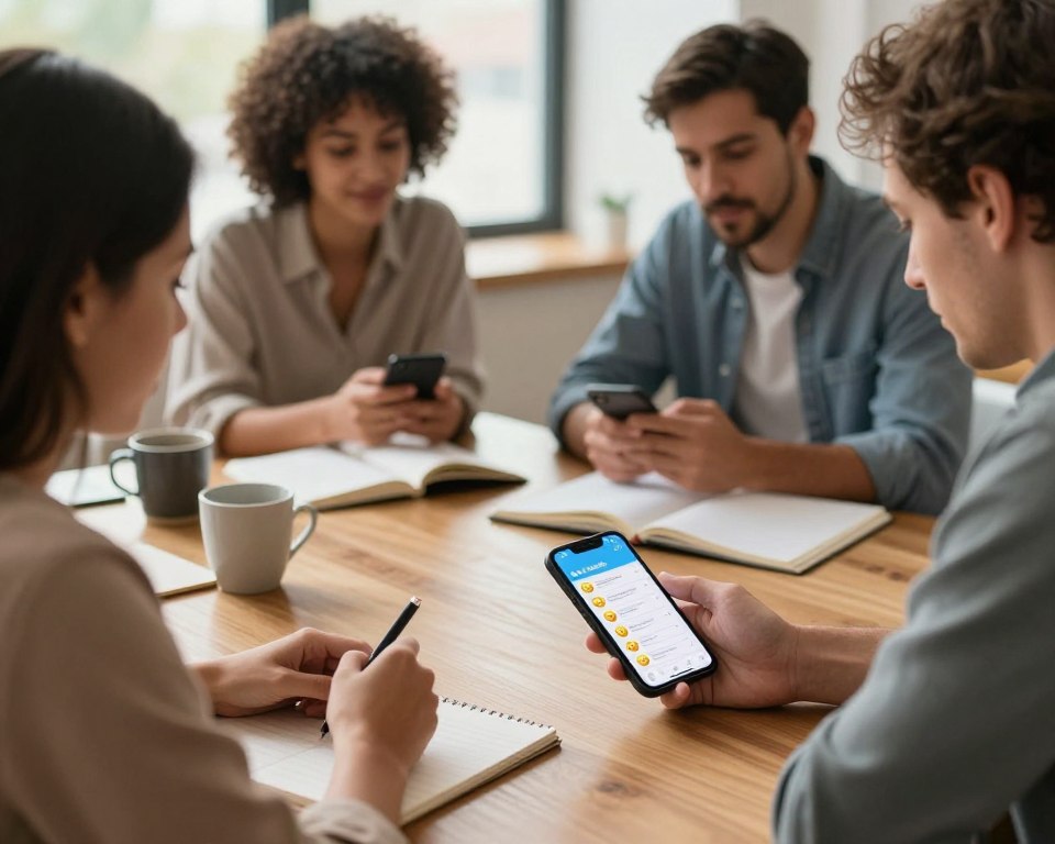 A warm, inviting workspace scene where a diverse group of three individuals&mdash;two women and one man&mdash;are seated around a wooden table. Each person is casually yet professionally dressed, discussing and sharing ideas about personalizing text messages. In the foreground, a smartphone displays a colorful messaging app screen with emoticons, highlighting custom messages. The middle layer features open notebooks, pens, and coffee mugs, suggesting a collaborative atmosphere. In the background, a softly lit window allows natural light to filter in, creating a cozy ambiance. The overall mood is supportive and encouraging, reflecting the essence of comfort and personalization in communication.